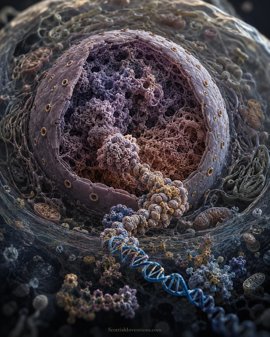 Scientific visualisation of a cell nucleus showing the nuclear envelope, chromatin and an emerging DNA double helix.