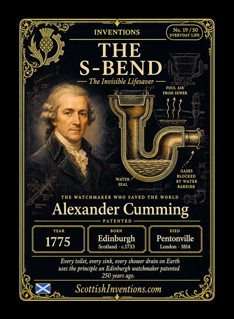 The S-Bend / The S-Bend Back — Scottish Inventions Collection The S-Bend collectible card — Alexander Cumming of Edinburgh patented the S-bend toilet trap in 1775, creating the water seal that prevents sewer gases entering buildings, Scottish Inventions Collection No. 19 of 50
