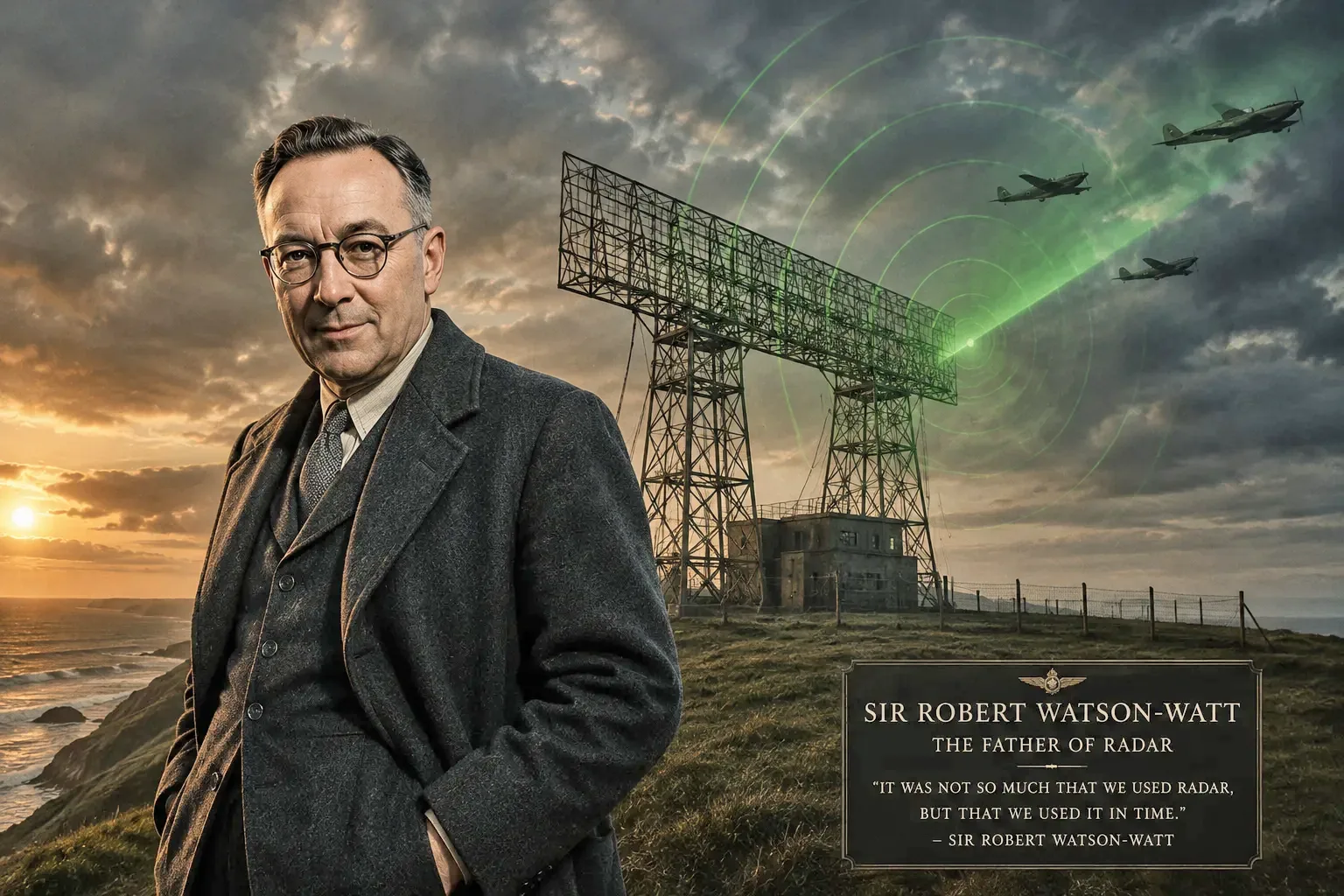 Sir Robert Watson-Watt, Scottish inventor of radar, standing on a Scottish clifftop at sunset beside a Chain Home radar tower with green radio waves and RAF aircraft in the sky