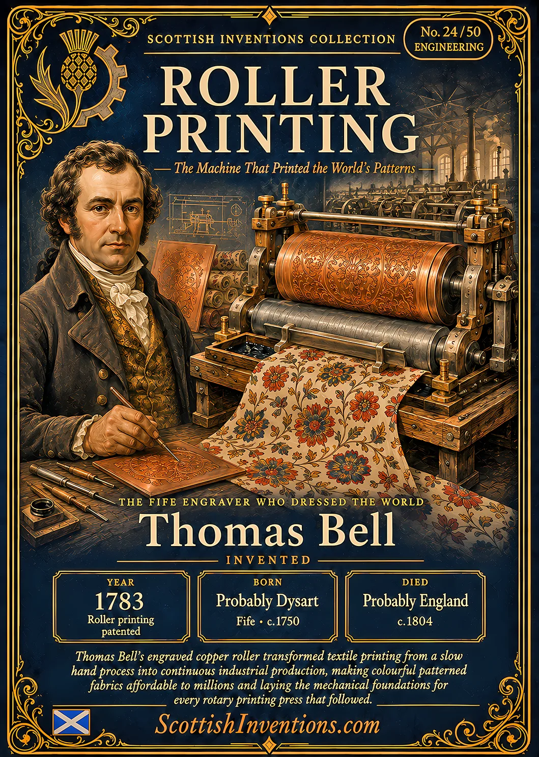 Roller Printing — Scottish Inventions Collection Roller Printing collectible card — Thomas Bell, Scottish engineer and engraver, inventor of the world's first practical roller printing machine, patented in 1783. Scottish Inventions Collection Card No. 24 of 50.