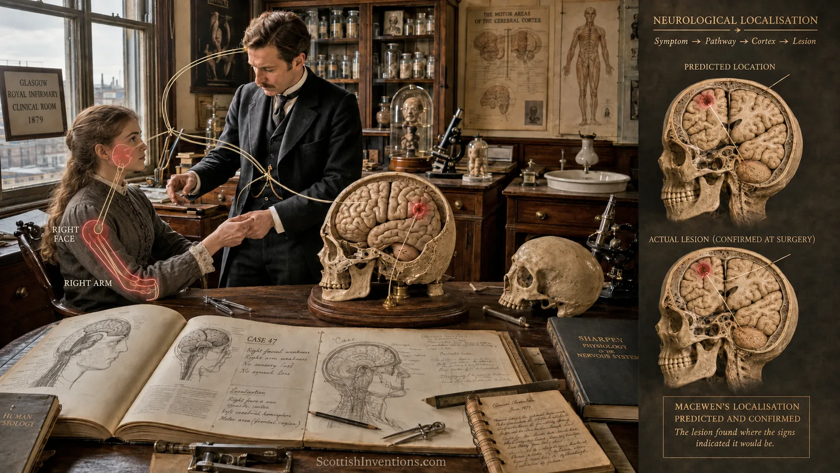 Sir William Macewen performing clinical localisation of a brain lesion on 14-year-old patient Barbara Watson at Glasgow Royal Infirmary, 1879, with predicted and surgically confirmed lesion site shown