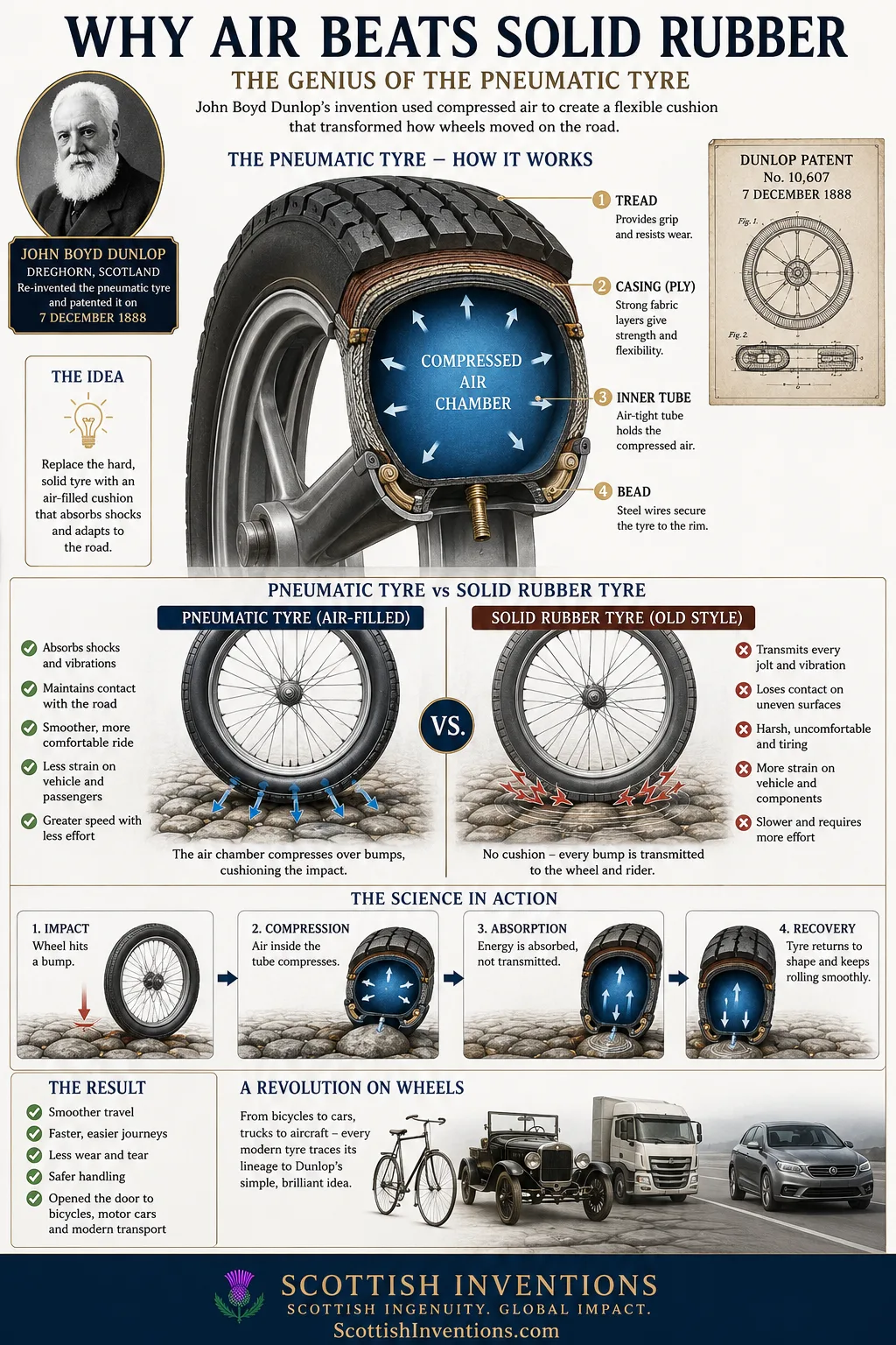 Diagram explaining how pneumatic tyres absorb shocks and improve vehicle performance