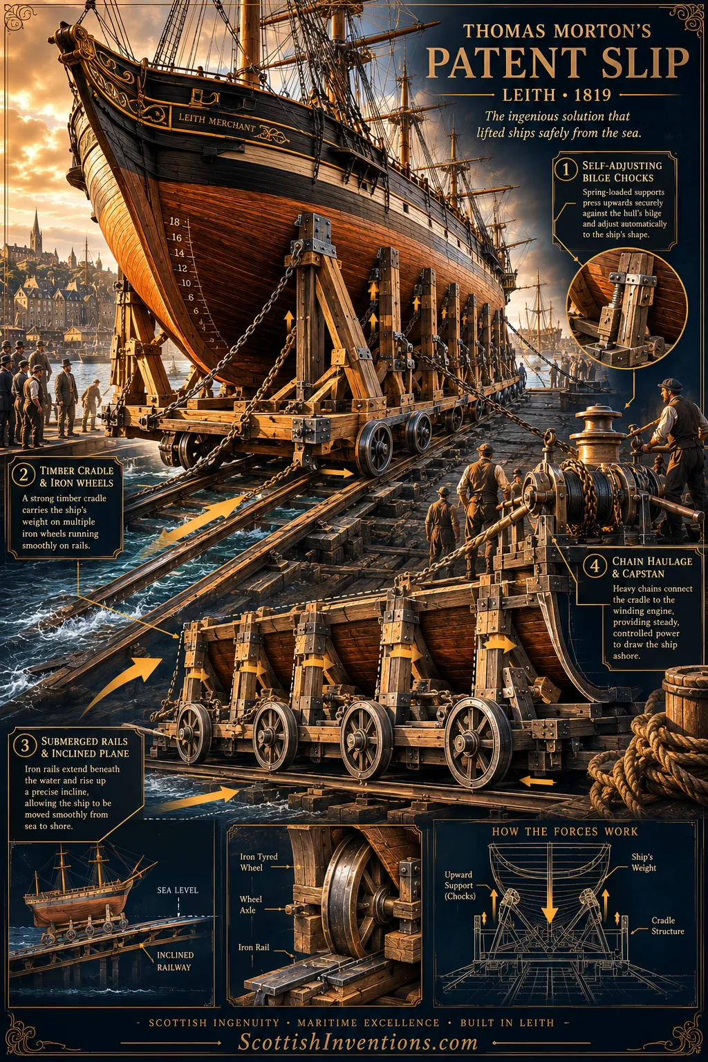 How the Patent Slip Worked Engineering diagram explaining Thomas Morton's Patent Slip and marine railway system.