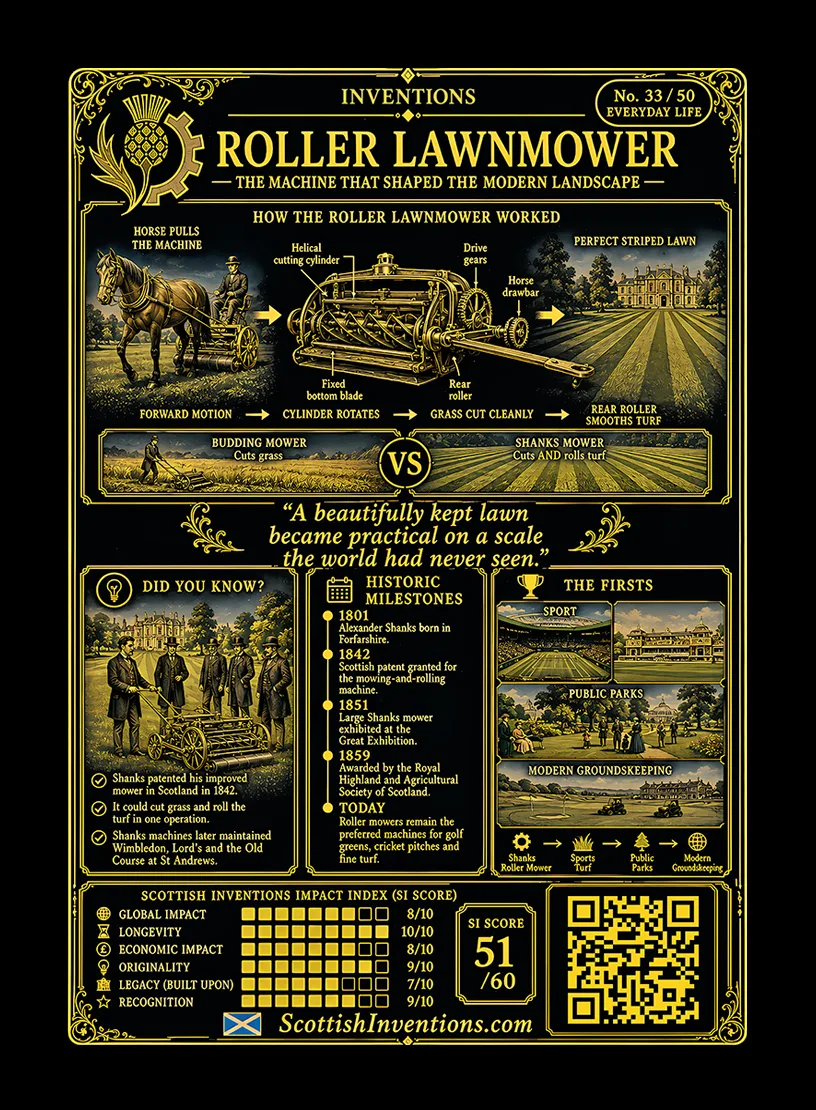 The Lawnmower back — Scottish Inventions Collection The Lawnmower card reverse — diagram showing horse power, cylinder reel cutting grass, and rear roller creating a striped finish, Alexander Shanks timeline from 1801 to 1851, honest context panel explaining that Edwin Budding invented the original lawnmower in 1830 while Shanks created the first practical large-scale mowing-and-rolling machine
