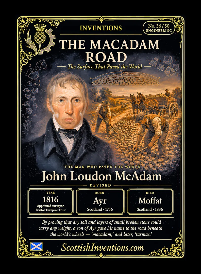 The Macadam Road / The Macadam Road Back — Scottish Inventions Collection The Macadam Road collectible card — John Loudon McAdam, born Ayr Scotland 1756, died Moffat Scotland 1836, devised the macadam road surface, becoming Surveyor-General of the Bristol Turnpike Trust in 1816 and revolutionising road building worldwide, Scottish Inventions Collection No. 36 of 50
