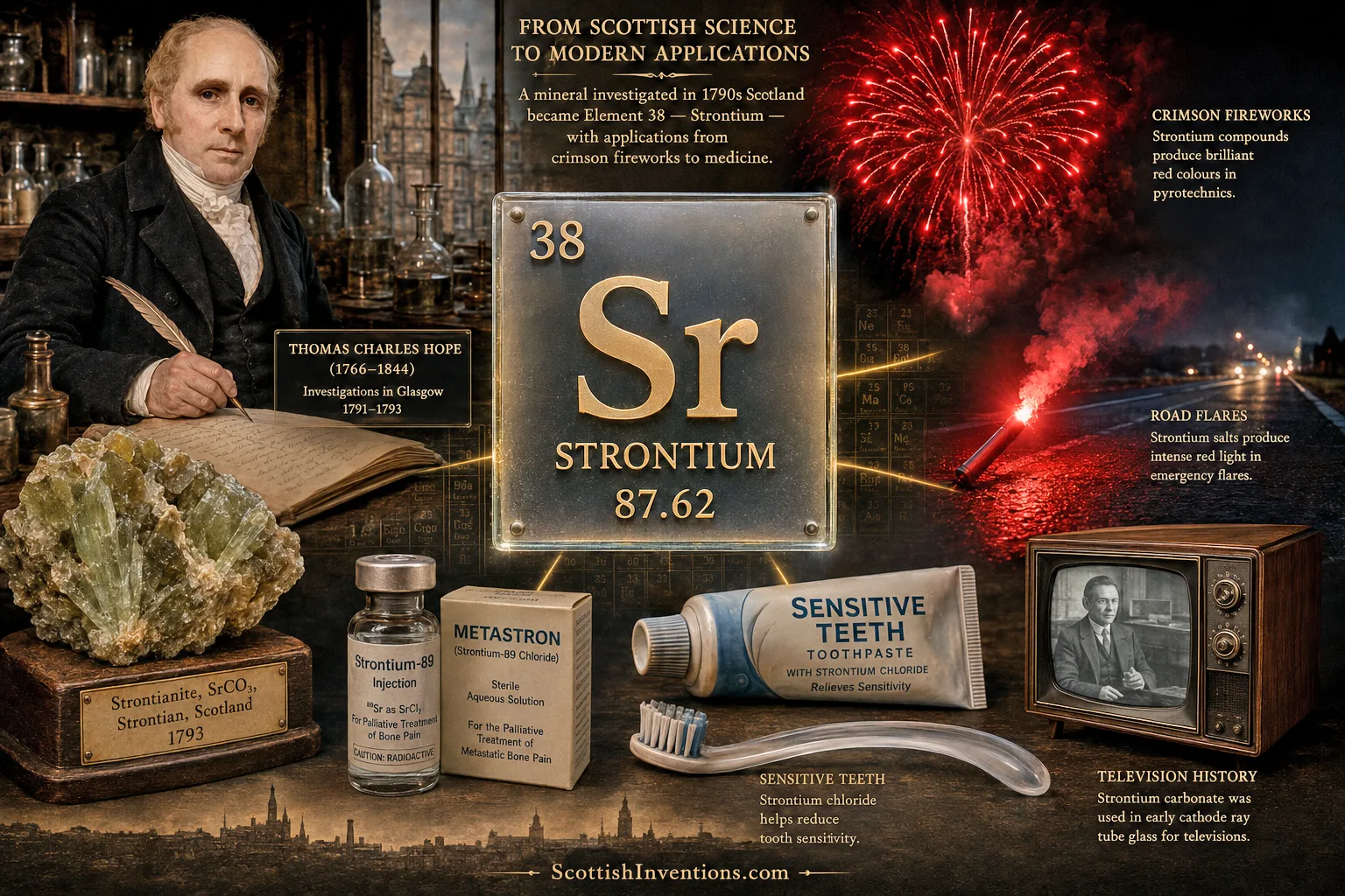 Illustration connecting Thomas Charles Hope's 1793 strontium discovery to its modern uses in fireworks, cancer treatment, and sensitive-teeth toothpaste.