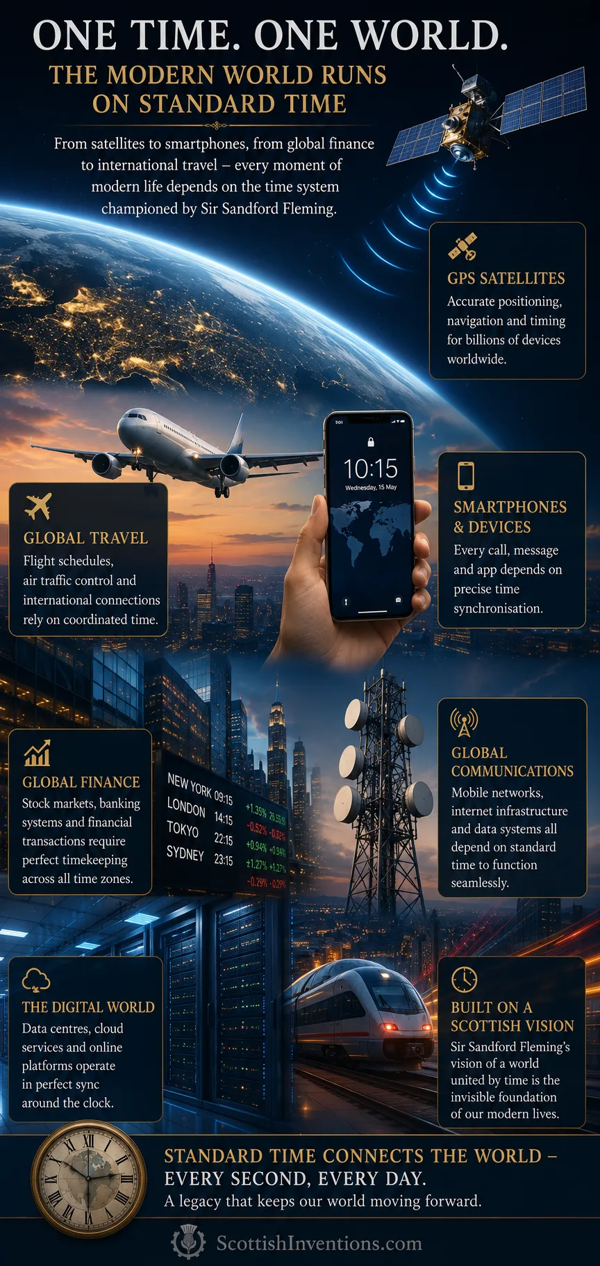 Modern technologies including GPS satellites, smartphones and global communications relying on standard time.