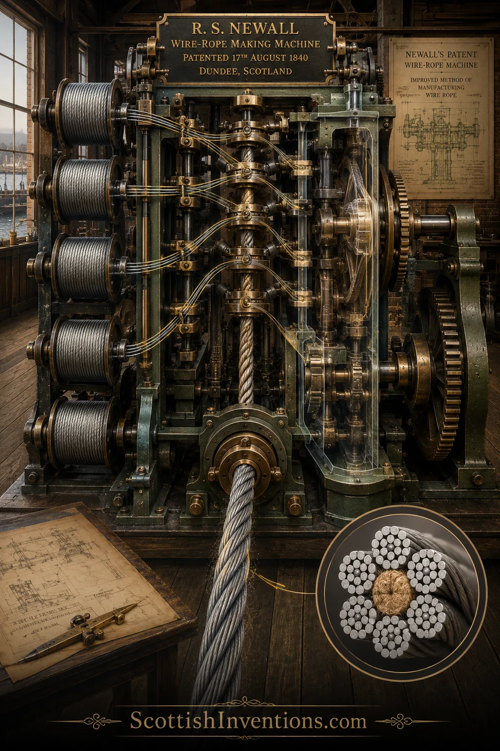 Newall's 1840 Wire Rope Manufacturing Machine Robert Stirling Newall's patented wire rope manufacturing machine of 1840.