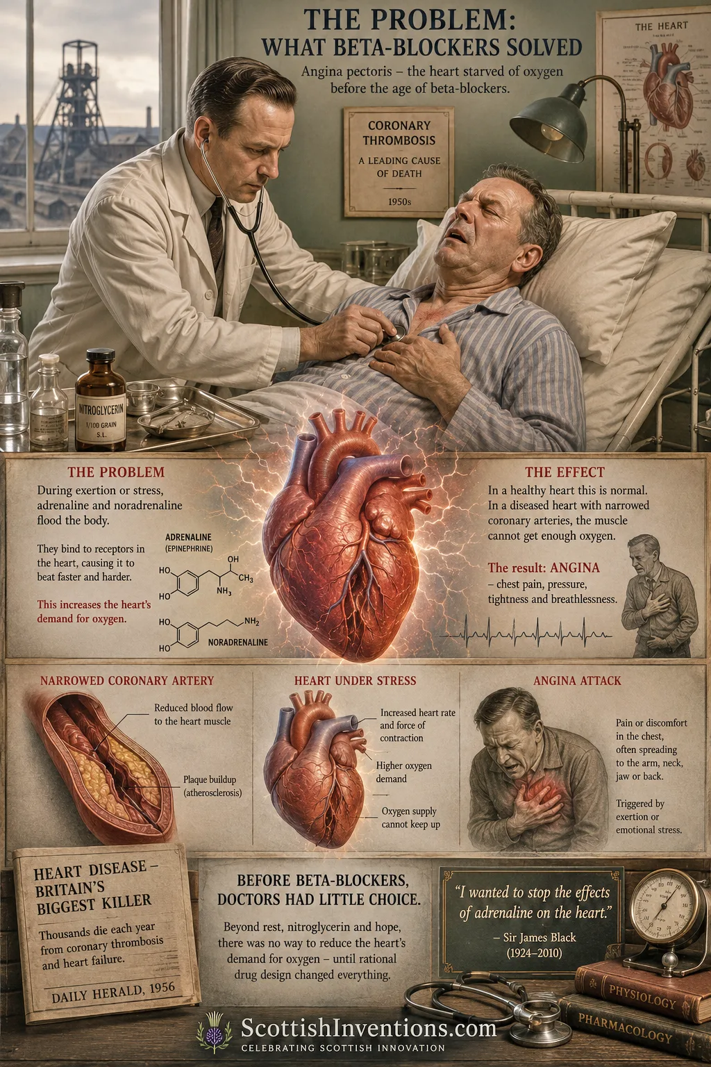 Doctor treating a patient with angina before the development of beta-blockers, illustrating the medical challenge Sir James Black set out to solve.