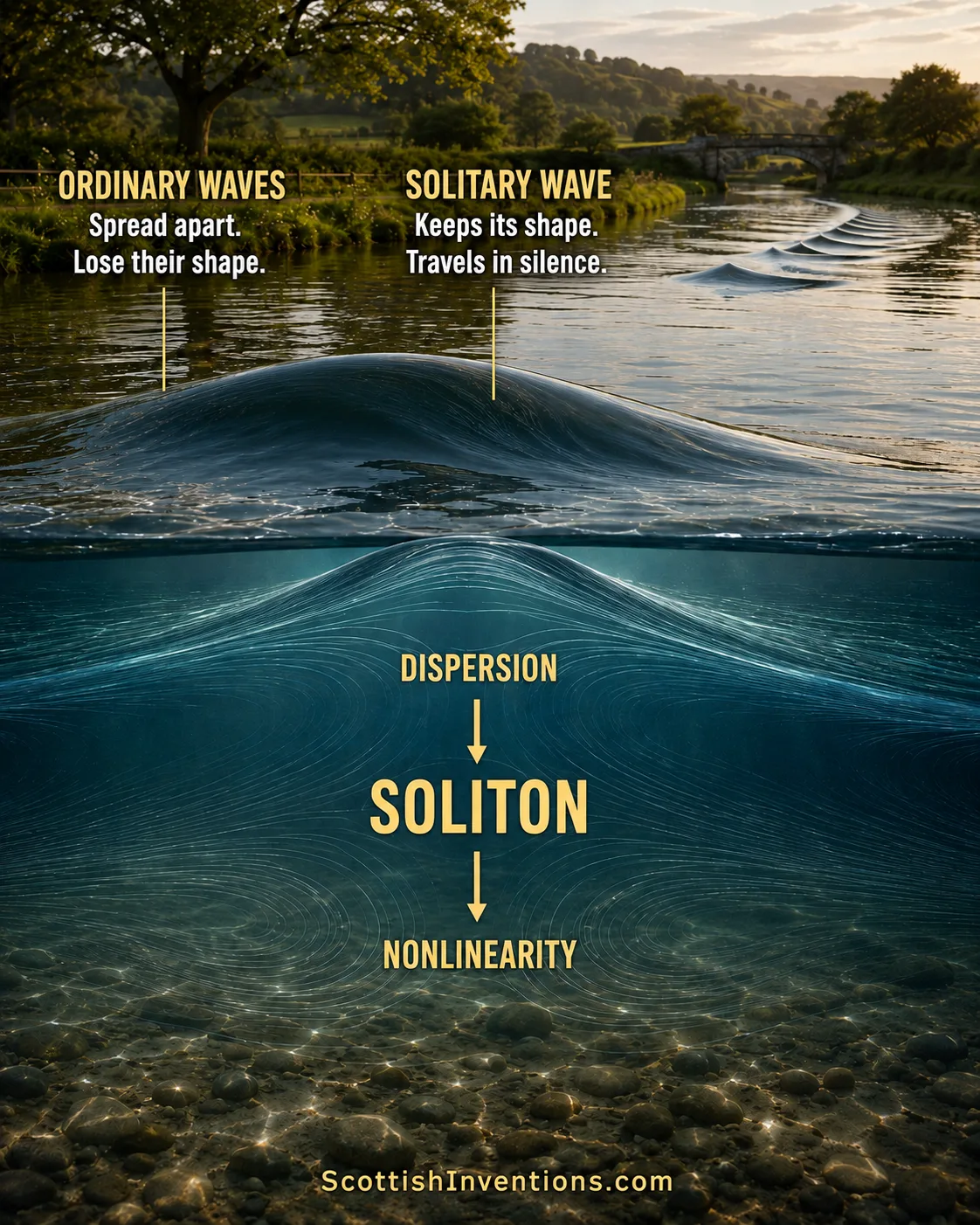 Diagram comparing an ordinary dispersing wave to a soliton that keeps its shape, with a cross-section showing the balance of dispersion and nonlinearity