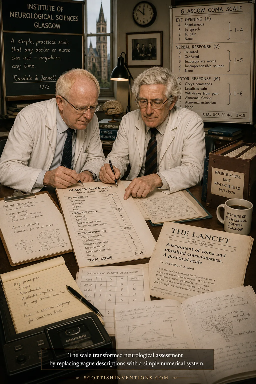 Teasdale and Jennett developing the Glasgow Coma Scale in 1974 at the Institute of Neurological Sciences with the original Lancet paper