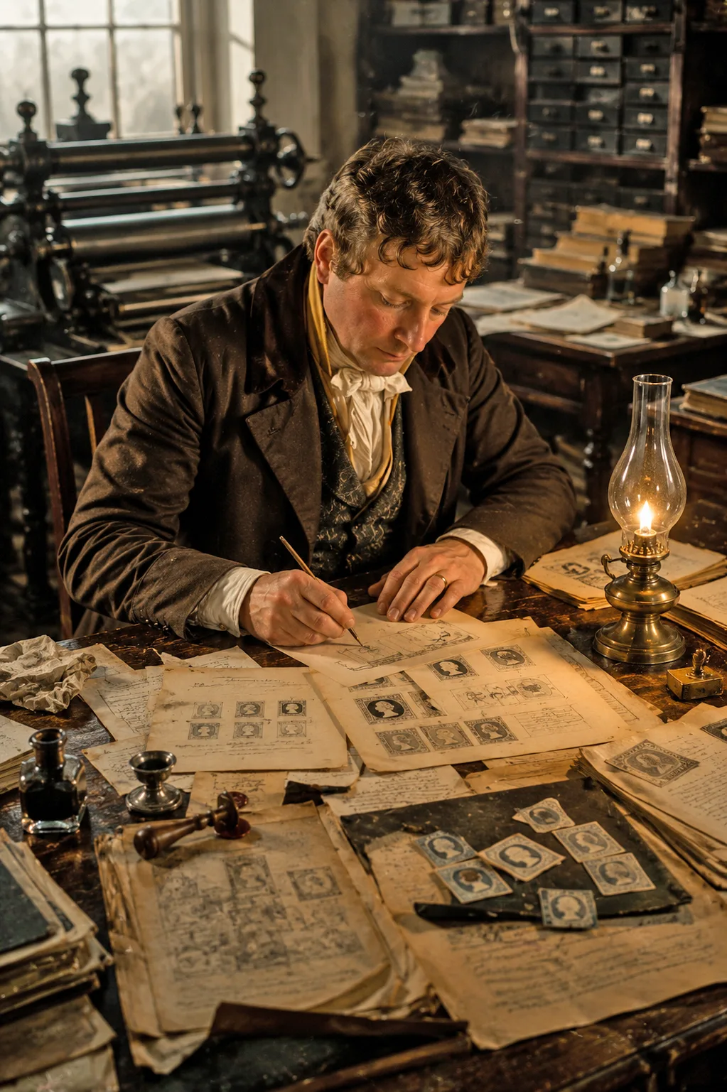 James Chalmers drawing early adhesive postage stamp designs at his desk