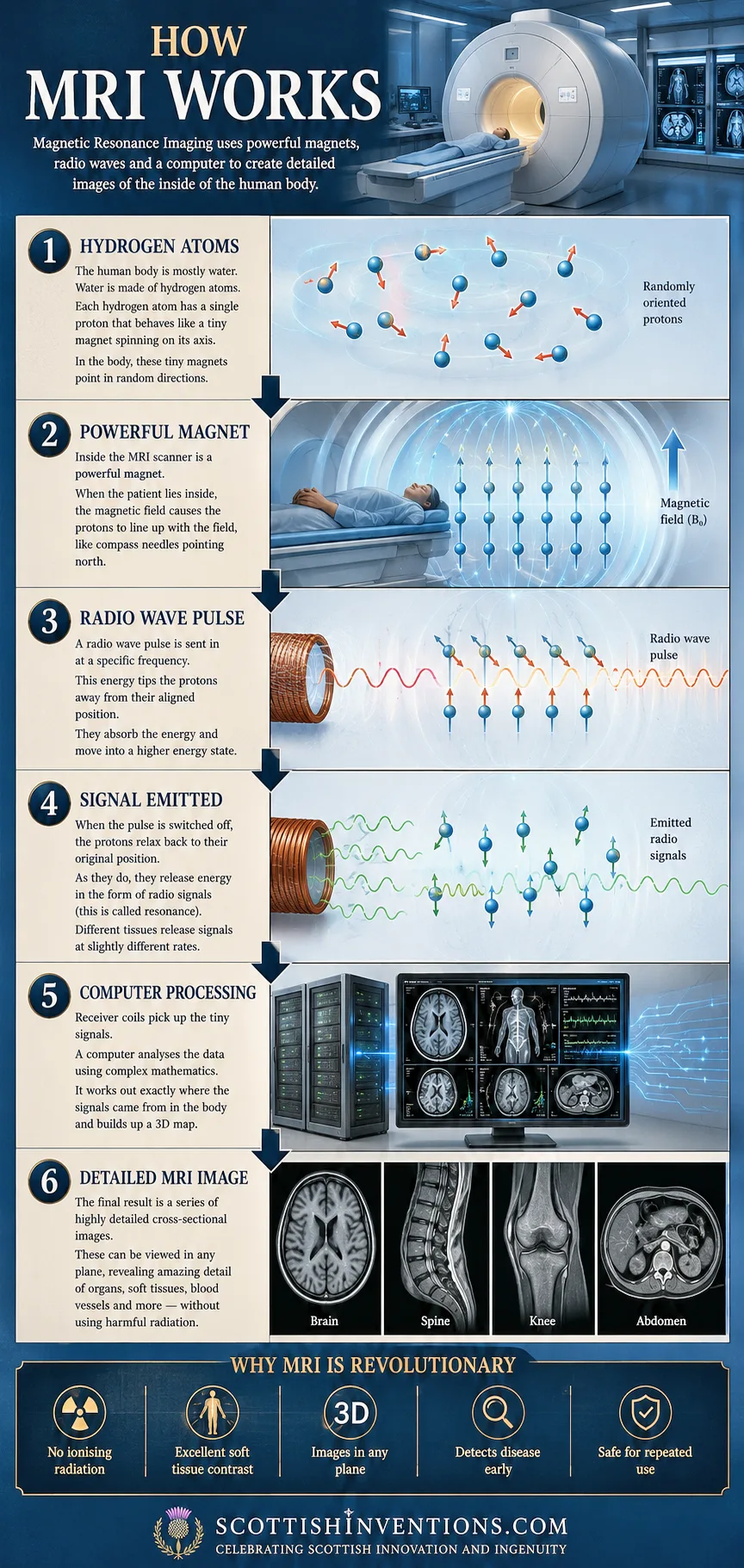 How MRI works infographic showing hydrogen atoms, magnetic field, radio waves and image reconstruction
