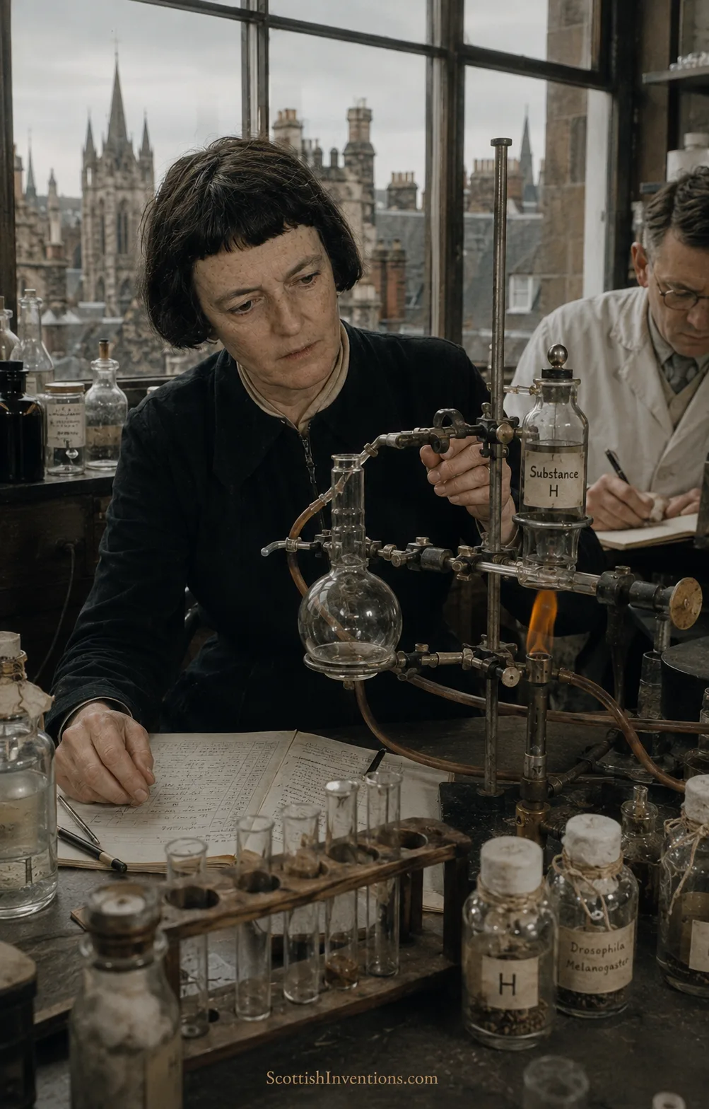 Charlotte Auerbach conducting a chemical experiment in an Edinburgh laboratory, the apparatus labelled Substance H.