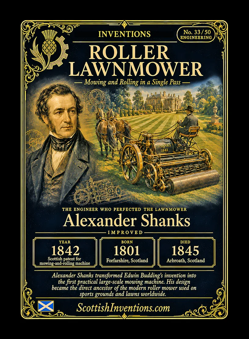The Lawnmower — Scottish Inventions Collection The Lawnmower collectible card — Alexander Shanks, born Forfarshire Scotland 1801, died Arbroath Scotland 1845, engineer who patented the 1842 mowing-and-rolling machine that cut and rolled grass in a single pass, Scottish Inventions Collection No. 33 of 50