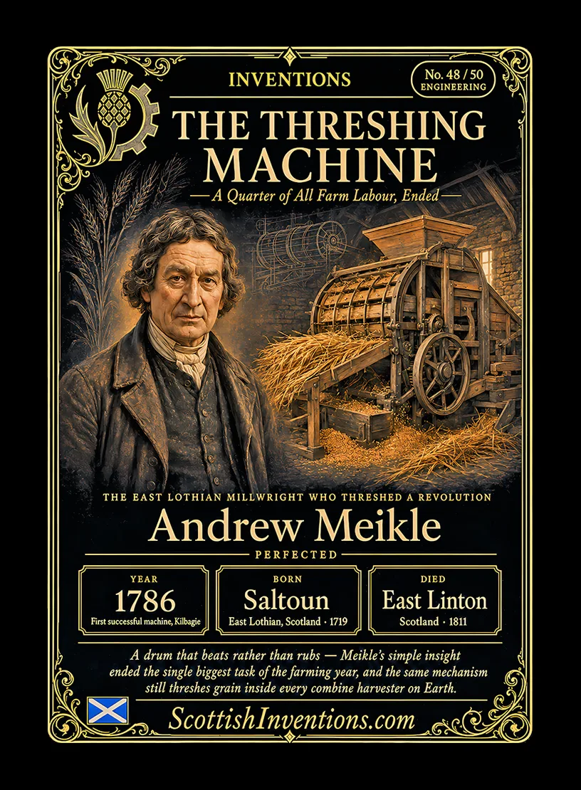 The Threshing Machine — Scottish Inventions Collection The Threshing Machine collectible card — Andrew Meikle, born Saltoun East Lothian Scotland 1719, died East Linton Scotland 1811, perfected the drum-and-concave threshing machine in 1786, patented 1788, the mechanism still used in every combine harvester today, Scottish Inventions Collection No. 48 of 50