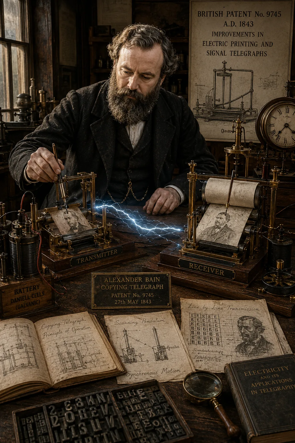 Alexander Bain demonstrating his 1843 copying telegraph with transmitter and receiver connected by electrical signals