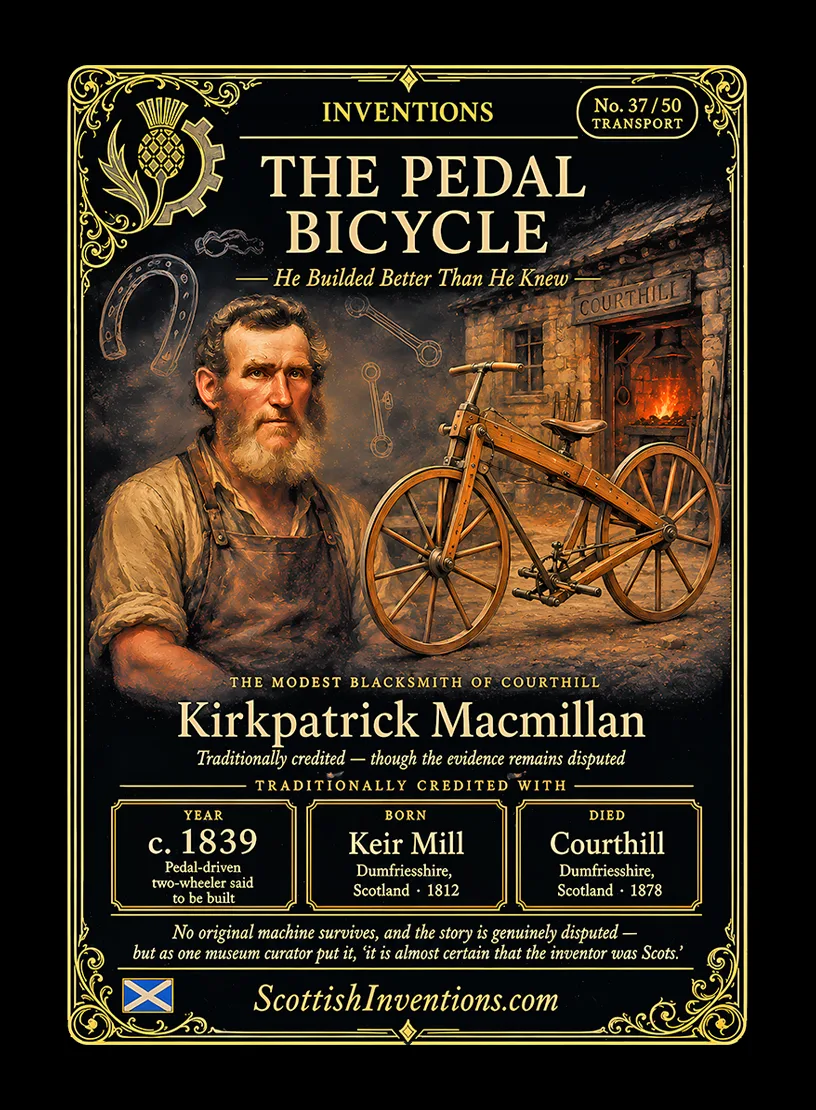 The Pedal Bicycle — Scottish Inventions Collection The Pedal Bicycle collectible card — Kirkpatrick Macmillan, born Keir Mill Dumfriesshire Scotland 1812, died Courthill Dumfriesshire Scotland 1878, traditionally credited with building an early treadle-driven pedal bicycle around 1839, a disputed but celebrated claim, Scottish Inventions Collection No. 37 of 50