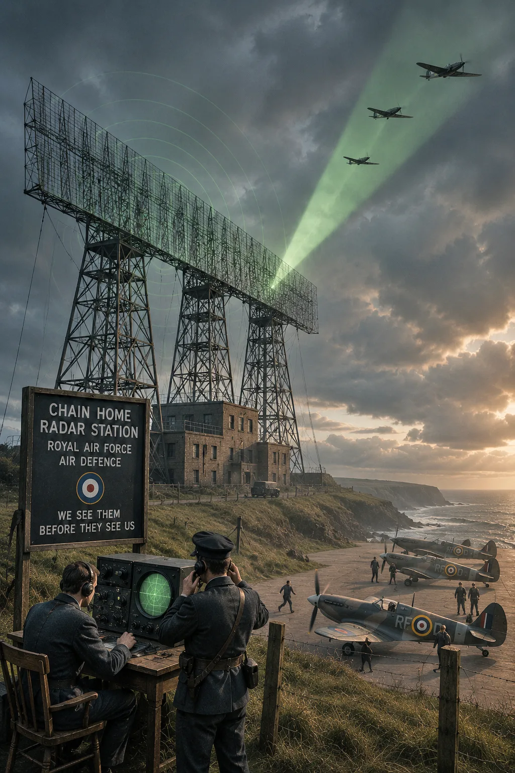 A Chain Home radar station on a stormy coastline with RAF Spitfires on the ground and a sign reading 'Chain Home Radar Station — Royal Air Force Air Defence — We See Them Before They See Us'