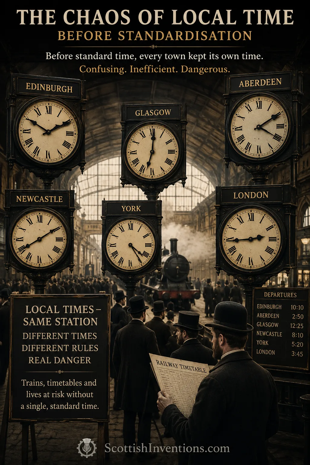 Railway station clocks showing different local times before the introduction of standard time zones.