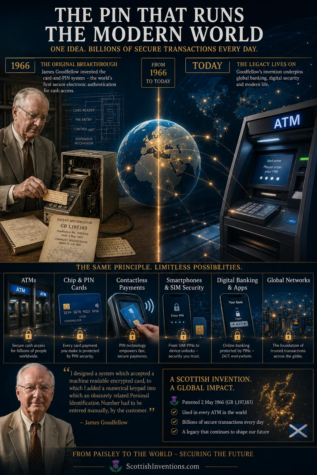 Modern banking and digital security systems descended from James Goodfellow's PIN invention