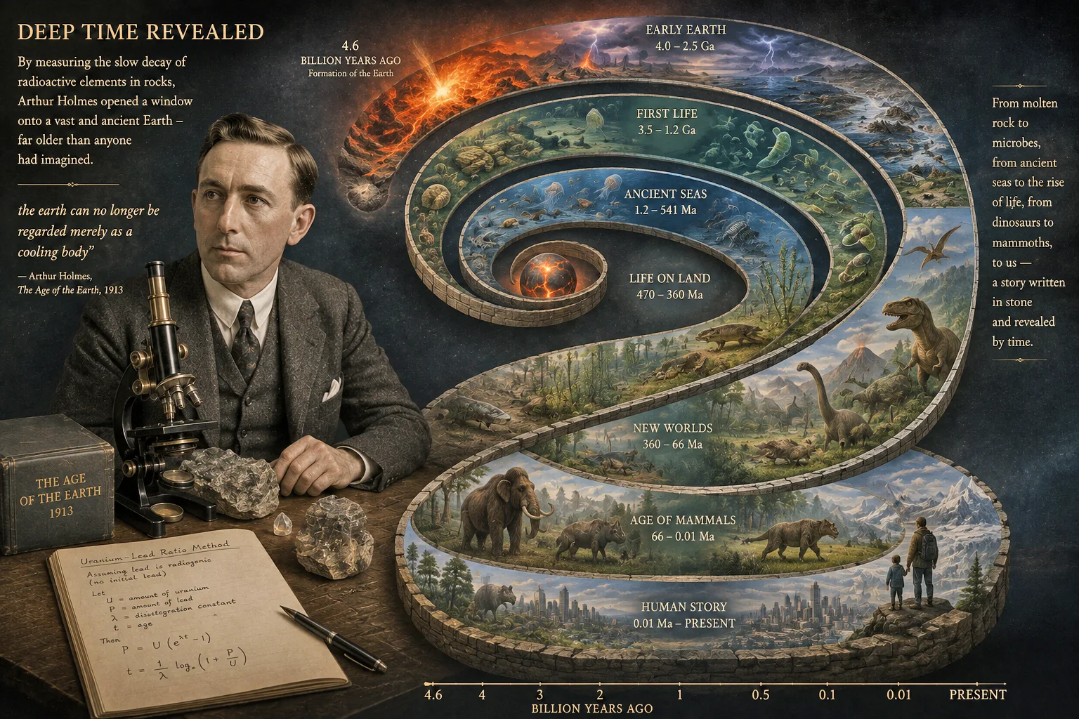 Cutaway diagram of the Earth showing radioactive heat driving slow convection currents in the mantle, carrying continents apart — the mechanism Arthur Holmes proposed for continental drift.