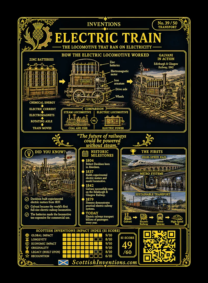 Electric Locomotive / Electric Locomotive Back back — Scottish Inventions Collection Electric Locomotive card reverse — engineering diagram explaining how Robert Davidson's Galvani locomotive operated using galvanic batteries and electromagnetic motors, timeline from early motor experiments to the 1842 demonstration, plus historical context explaining its influence on the development of modern electric railways.
