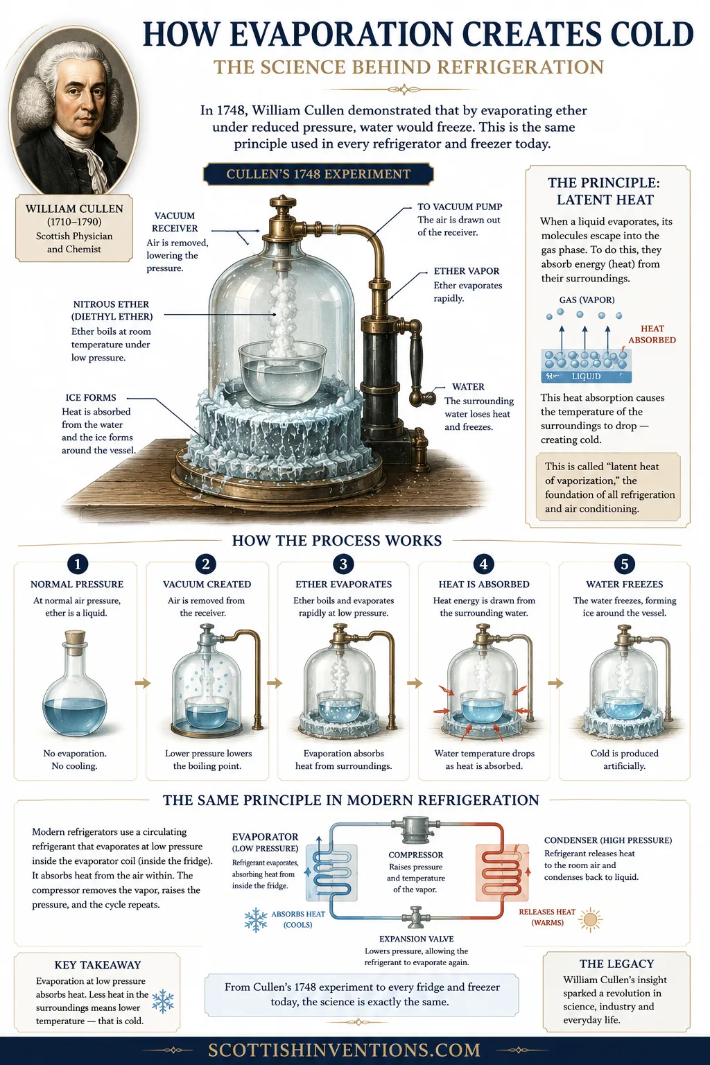 Diagram showing how evaporation absorbs heat and creates refrigeration