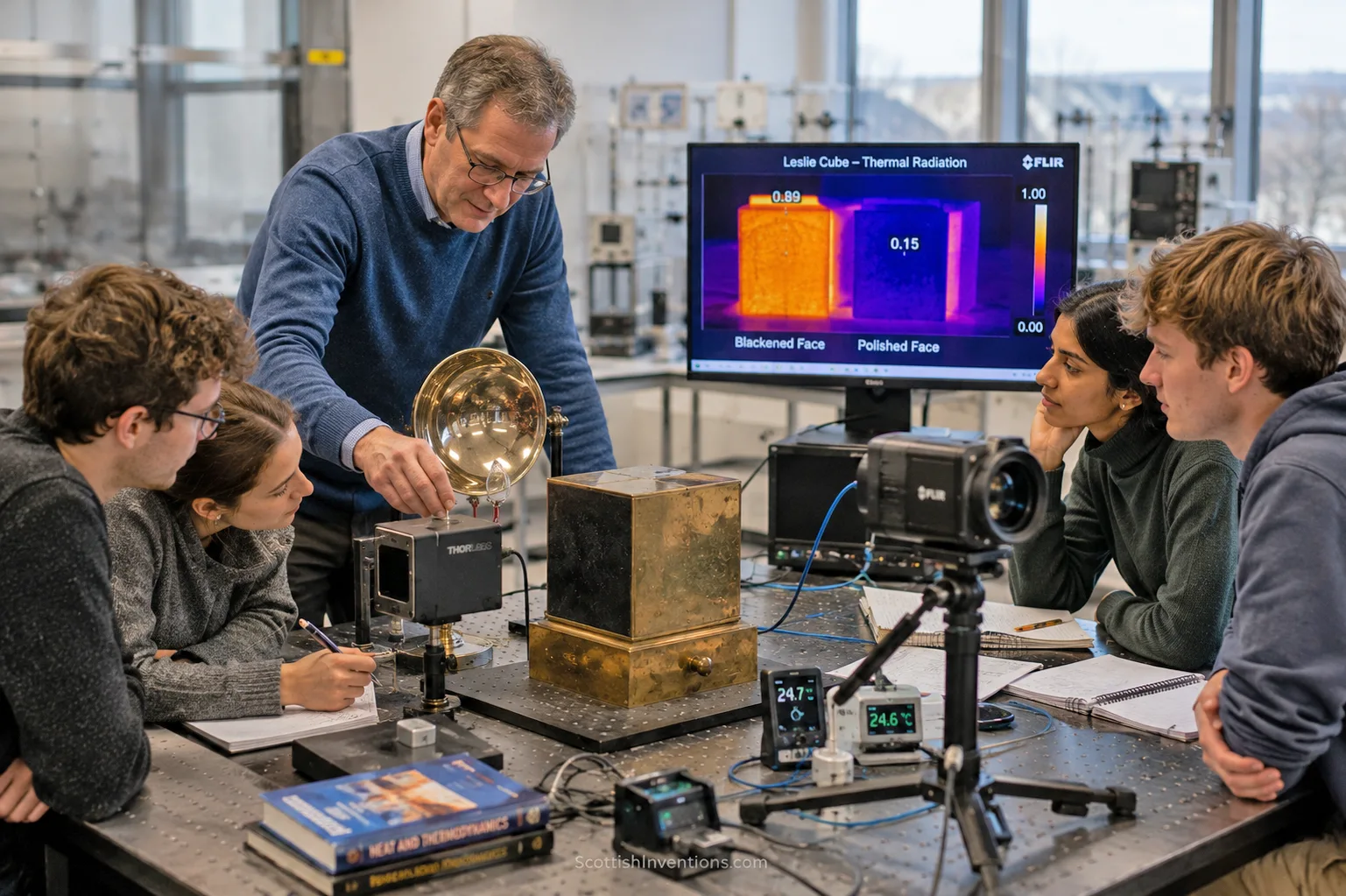 Modern university physics class demonstrating thermal radiation with a Leslie Cube and infrared camera.