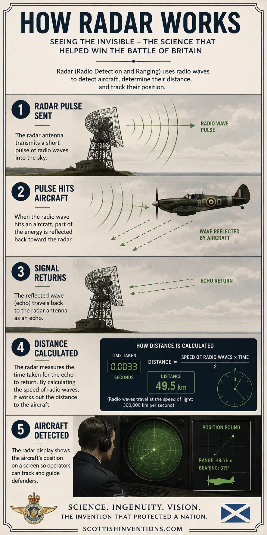 How Radar Works infographic — five-step diagram showing a radar tower sending a radio pulse, the wave reflecting off a Spitfire, the echo returning, the distance calculation, and the aircraft appearing on a radar screen