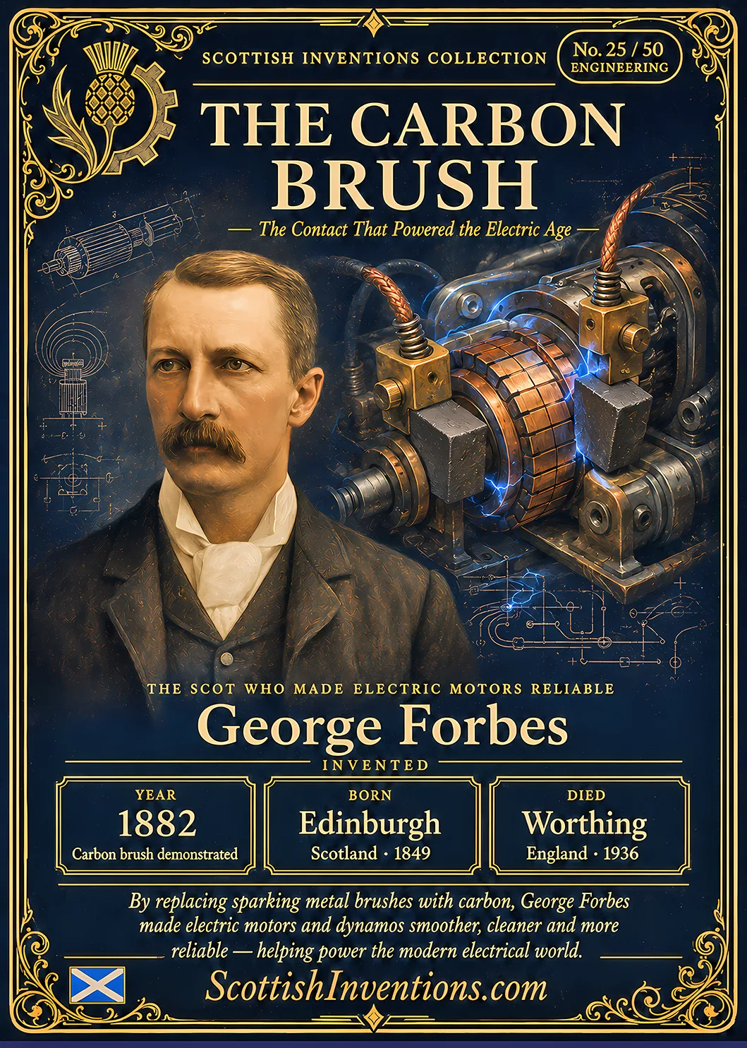 The Carbon Brush — Scottish Inventions Collection The Carbon Brush collectible card — George Forbes, born Edinburgh Scotland 1849, died Worthing England 1936, demonstrated the carbon brush in 1882 making electric motors and dynamos smoother, cleaner and more reliable, Scottish Inventions Collection No. 25 of 50