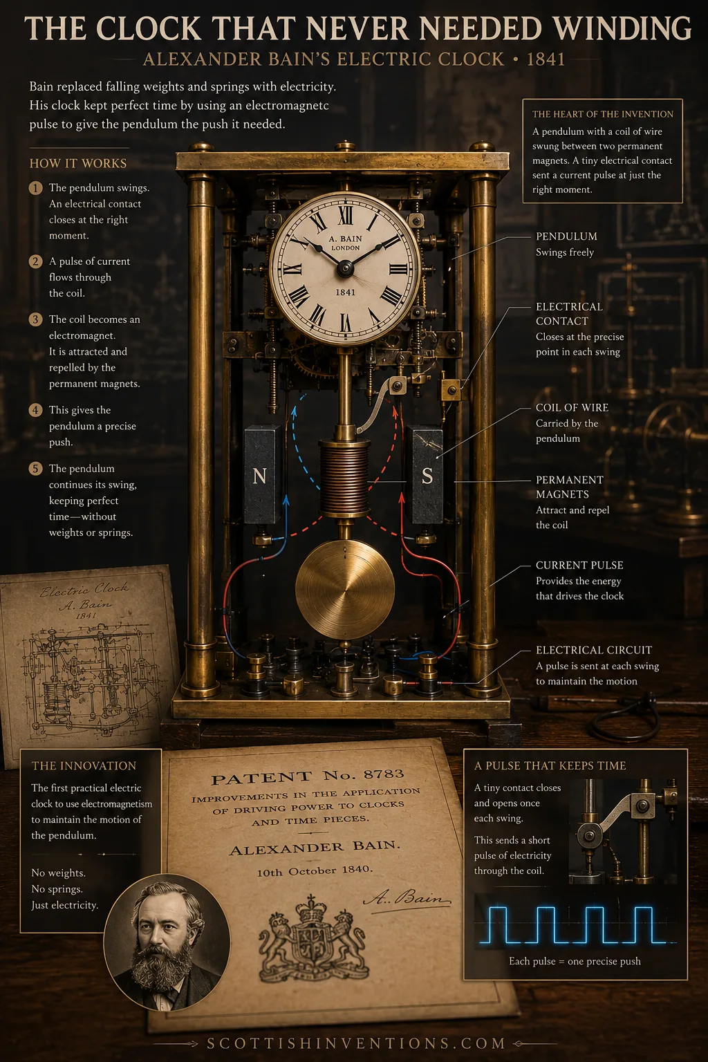 Alexander Bain electric clock powered by electromagnets and electrical impulses