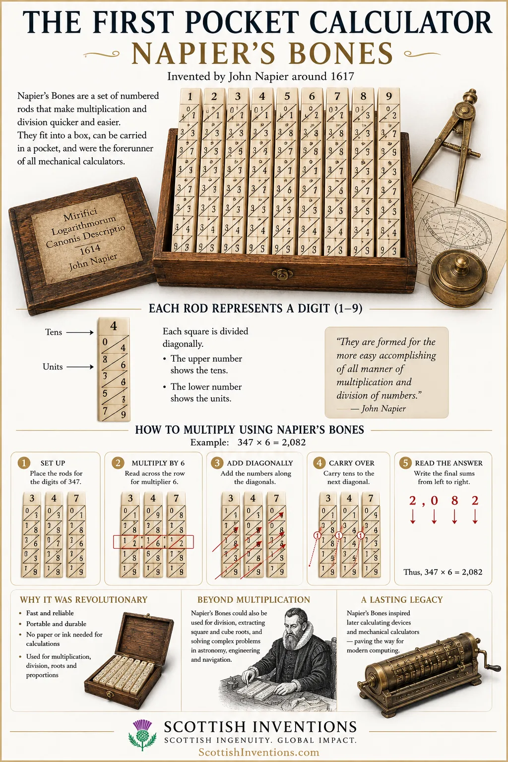 Napier's Bones calculating rods used for multiplication and division