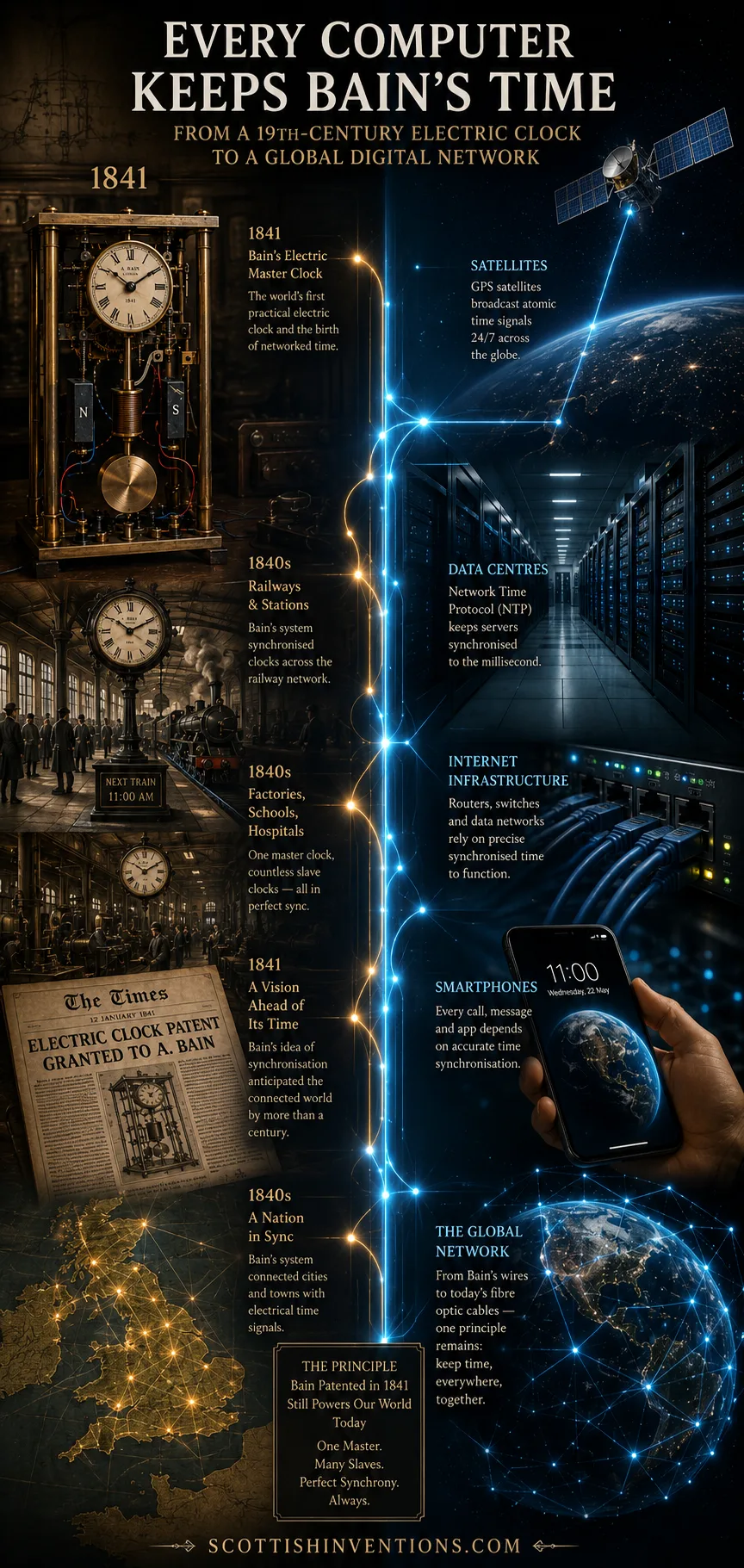 Modern computer networks and synchronized time systems descended from Alexander Bain's invention
