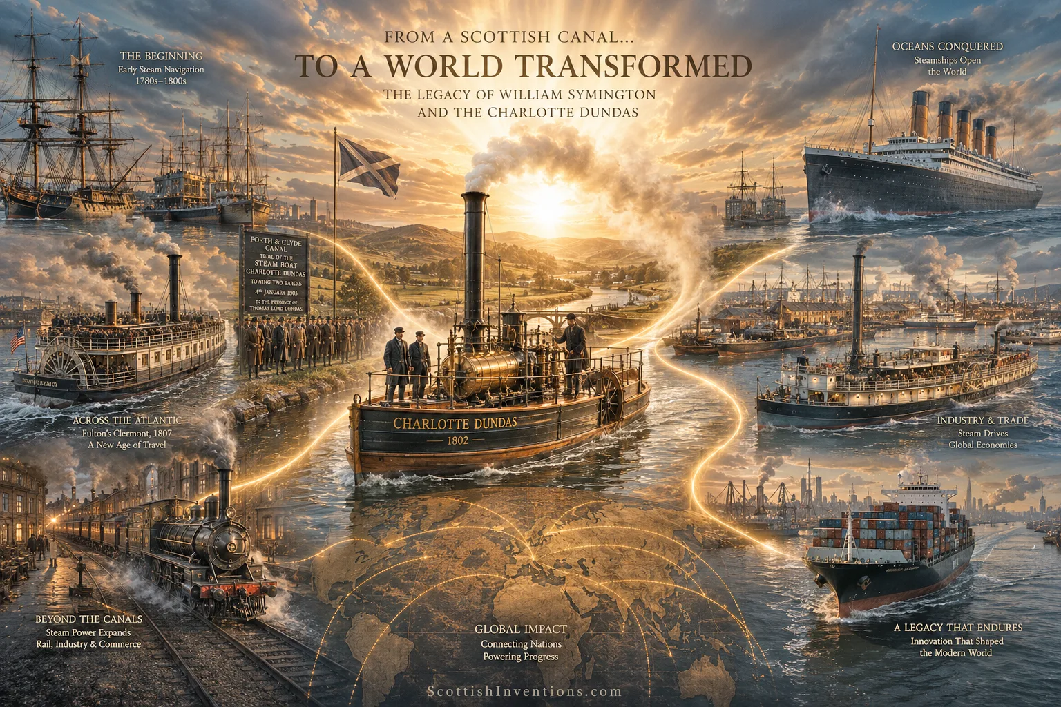 The global evolution of steam-powered transport from the Charlotte Dundas to worldwide steamships, railways and industrial trade