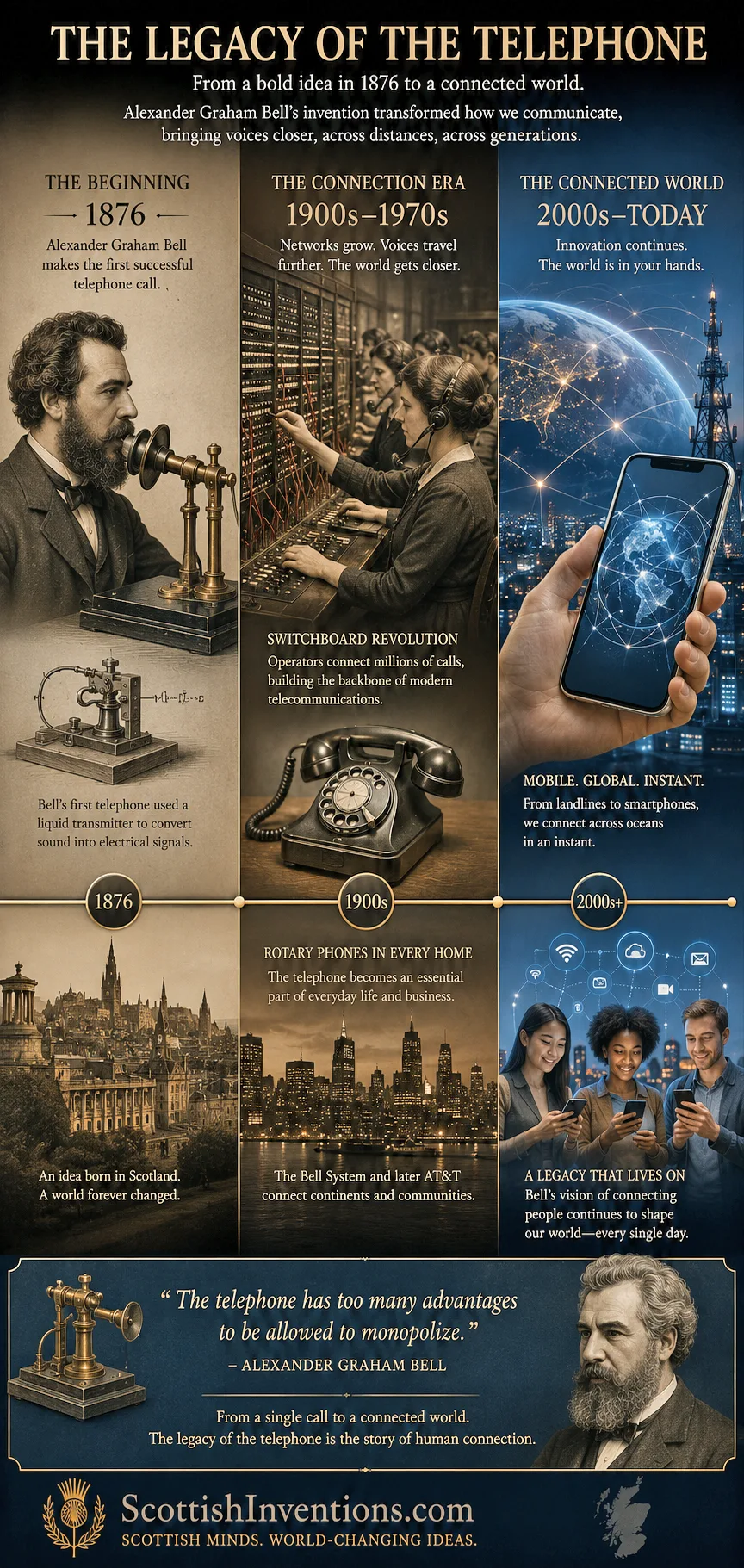 Legacy of the telephone from 1876 to today — Bell's liquid transmitter, switchboard operators, rotary phones and modern smartphones connecting the world