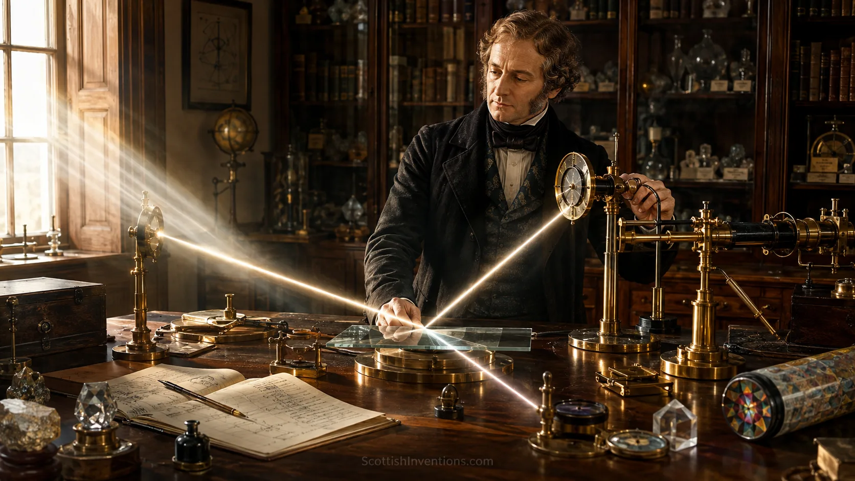 Sir David Brewster in his laboratory demonstrating the polarisation of light reflected from a glass plate