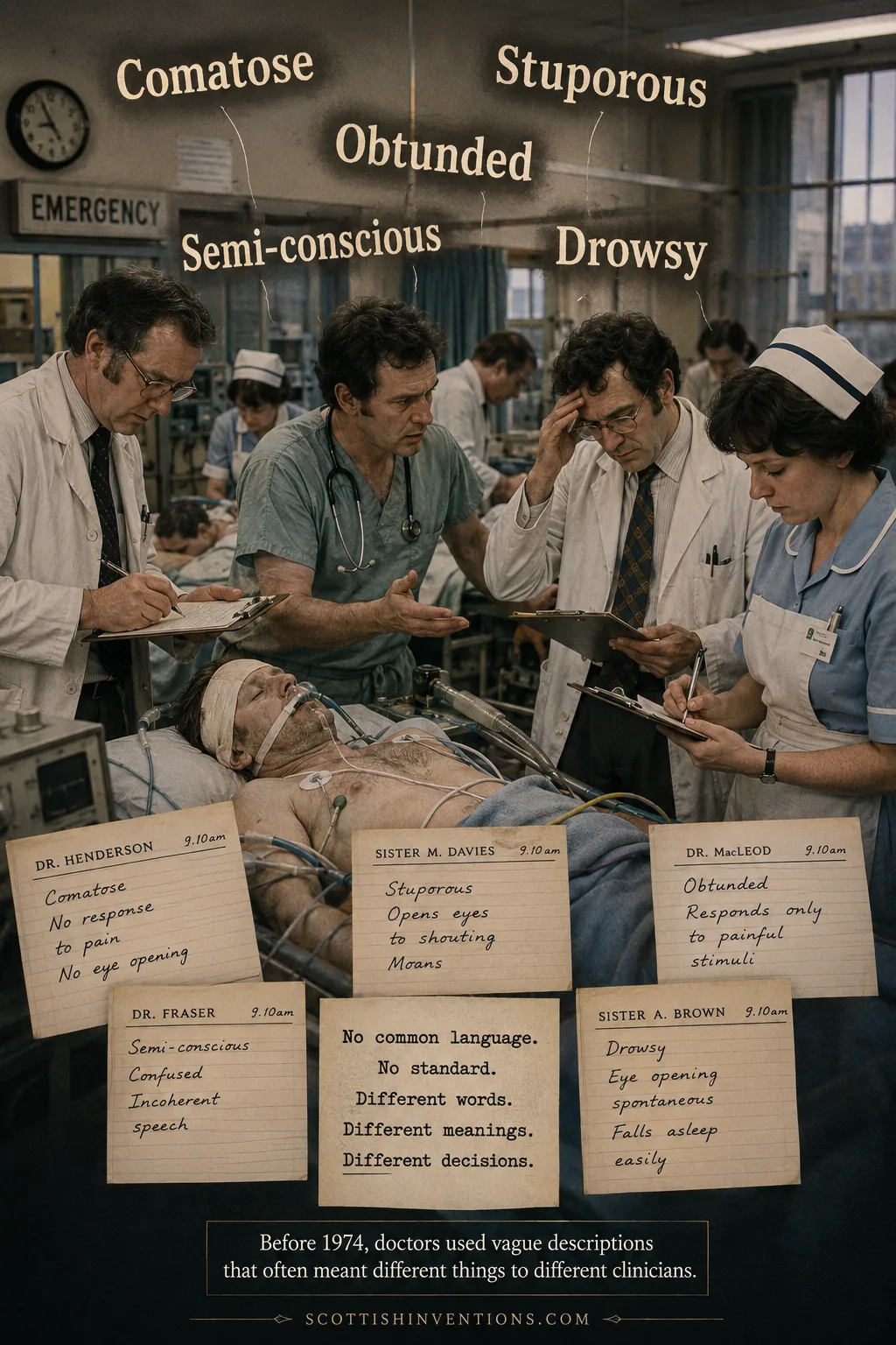 Glasgow hospital scene before 1974 showing doctors using vague, conflicting words like comatose, stuporous, obtunded and semi-conscious to describe the same unconscious patient