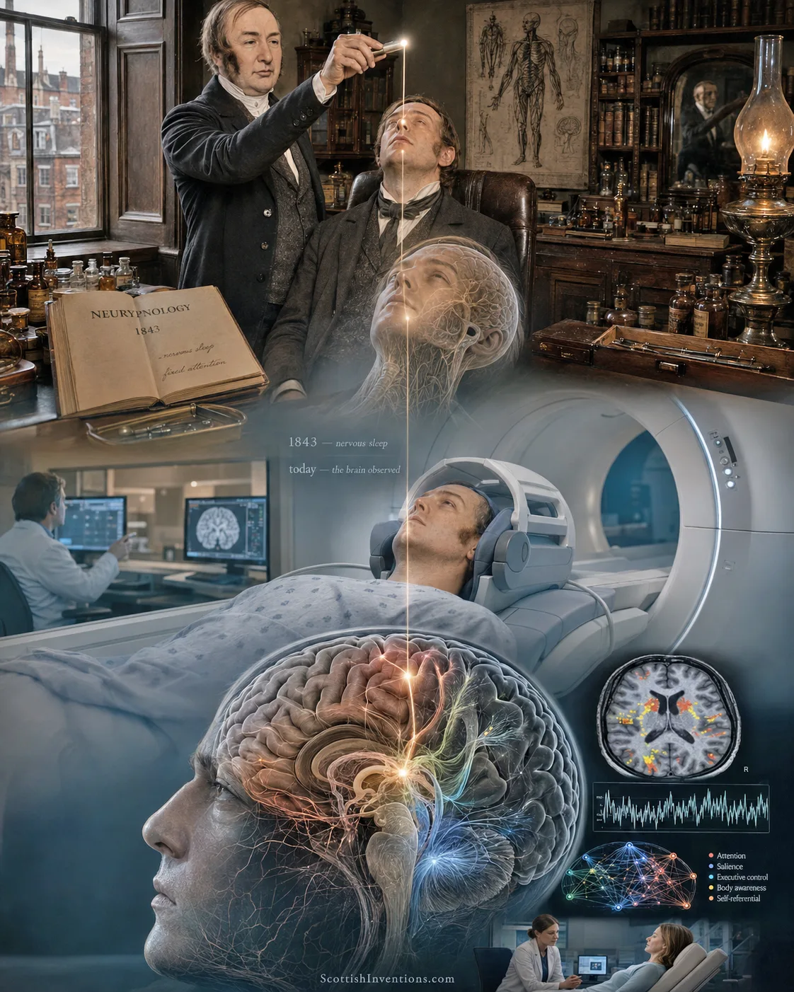 A legacy chain from Braid's 1843 Neurypnology through modern fMRI brain imaging showing the distinct neural signature of hypnosis.
