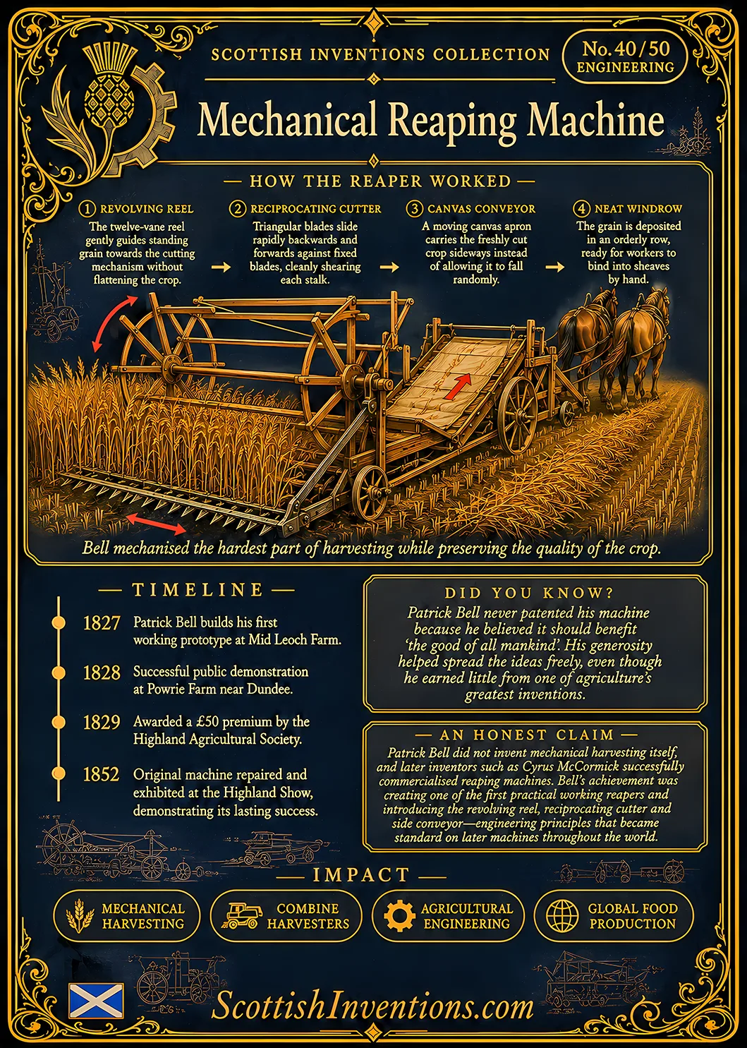 Mechanical Reaping Machine Back — Scottish Inventions Collection Mechanical Reaping Machine card reverse — engineering diagram explaining Patrick Bell's revolving reel, reciprocating cutter and canvas conveyor, timeline from the Mid Leoch prototype to the Highland Agricultural Society award, plus historical context explaining its influence on the modern combine harvester.