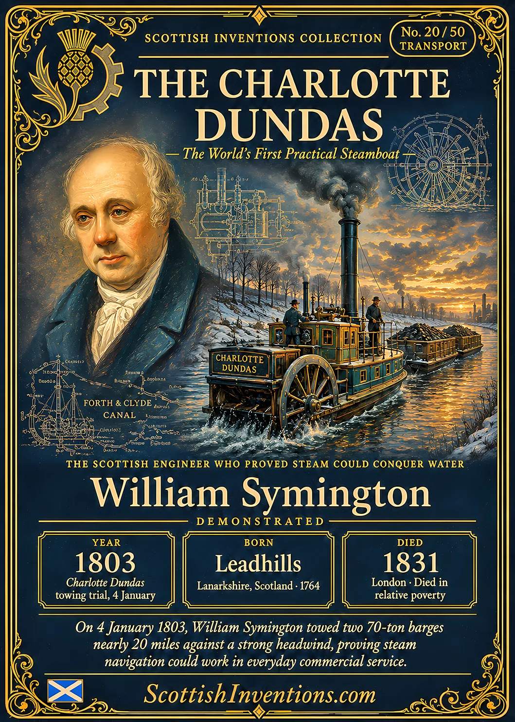 The Charlotte Dundas / The Charlotte Dundas Back — Scottish Inventions Collection The Charlotte Dundas collectible card — William Symington's pioneering steam-powered tugboat demonstrated on the Forth and Clyde Canal in 1803, recognised as the world's first practical steamboat, Scottish Inventions Collection No. 20 of 50