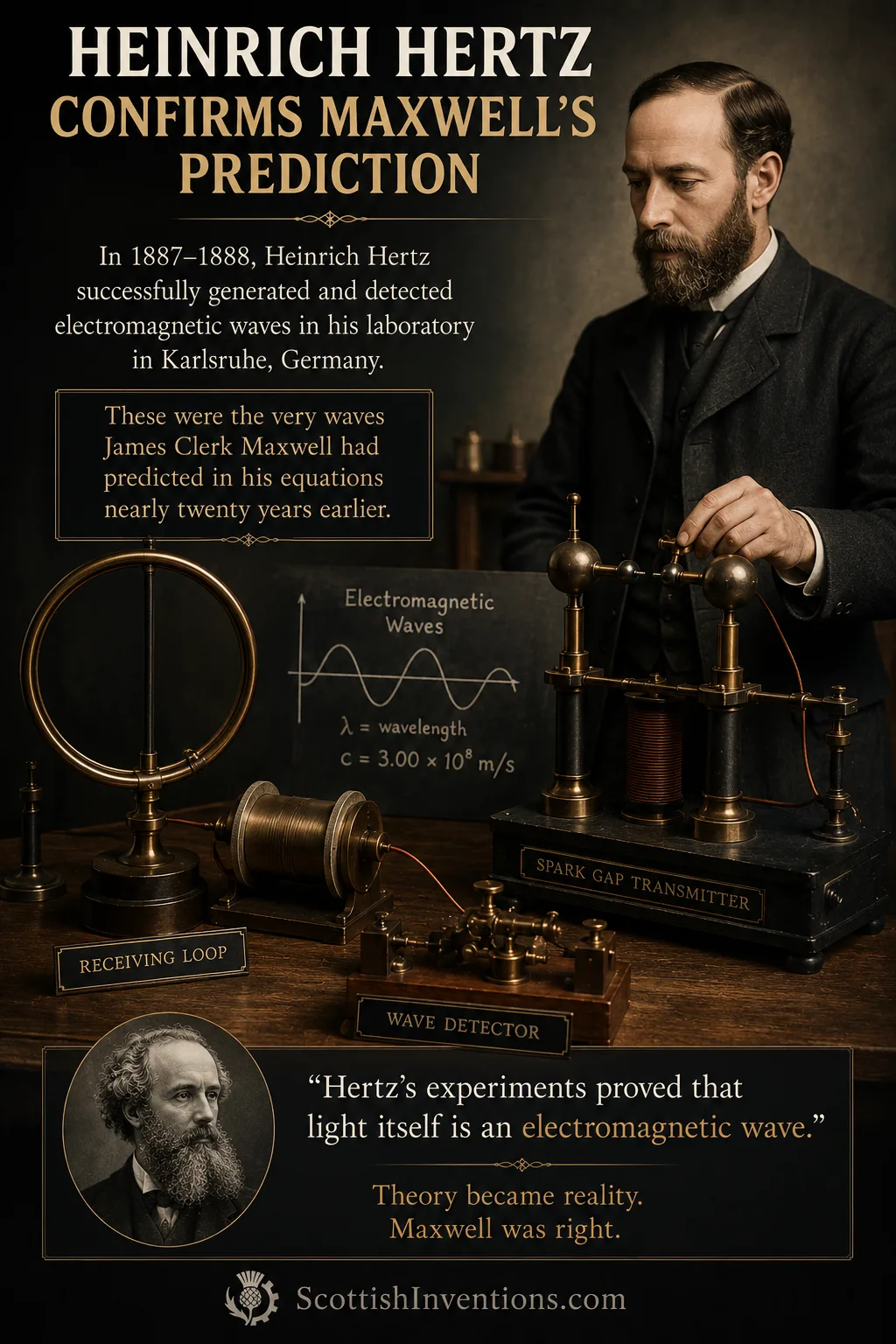 Heinrich Hertz demonstrating electromagnetic waves predicted by James Clerk Maxwell.