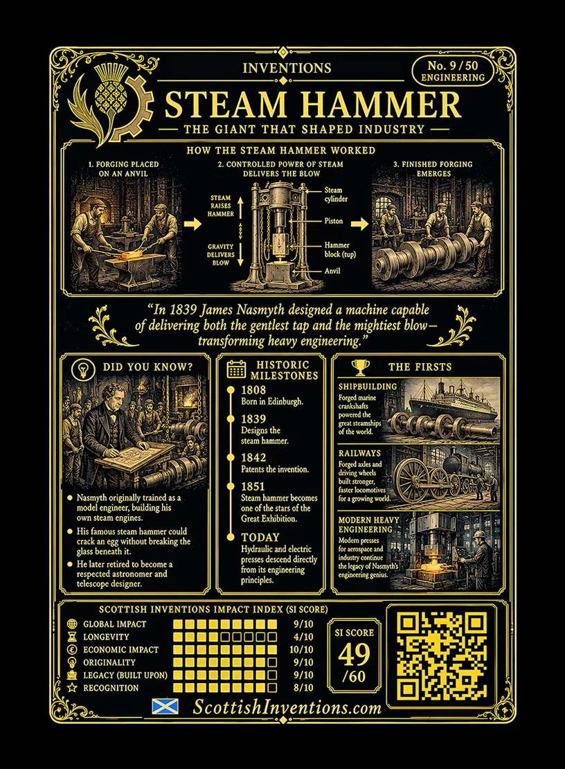 The Steam Hammer / The Steam Hammer Back back — Scottish Inventions Collection The Steam Hammer card reverse — engineering diagram showing how steam raises and drives the hammer, timeline from Nasmyth's 1839 design to heavy industrial use, explaining the precision and immense power that transformed shipbuilding, railways and heavy engineering