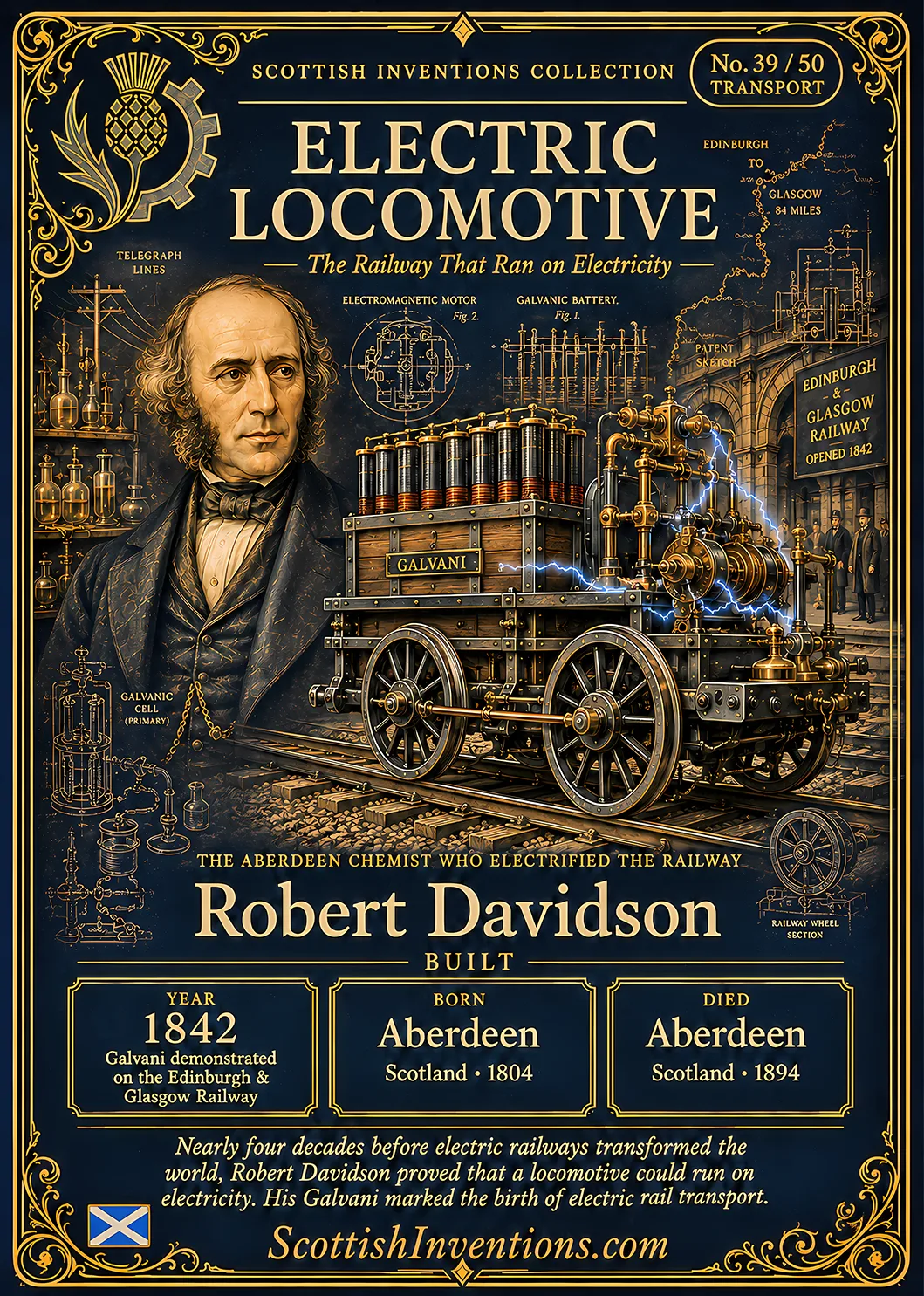 Electric Locomotive — Scottish Inventions Collection Electric Locomotive collectible card — Robert Davidson, born Aberdeen Scotland 1804, died Aberdeen Scotland 1894, builder of the world's first known electric railway locomotive, the Galvani, demonstrated on the Edinburgh & Glasgow Railway in 1842, Scottish Inventions Collection No. 39 of 50.
