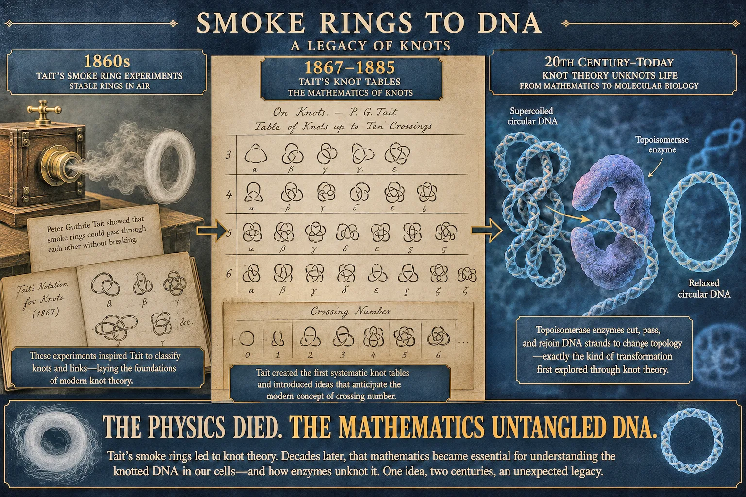 Legacy montage transitioning from hand-drawn 19th-century knot table diagrams to a modern illustration of tangled circular DNA being resolved by a topoisomerase enzyme