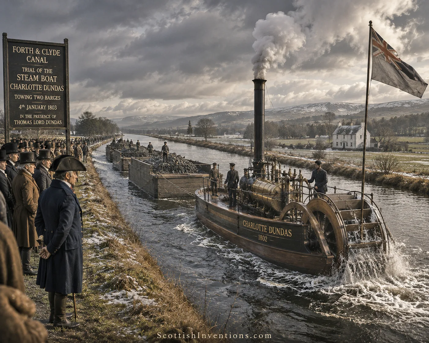 Charlotte Dundas towing barges during the historic 1803 trial on the Forth and Clyde Canal