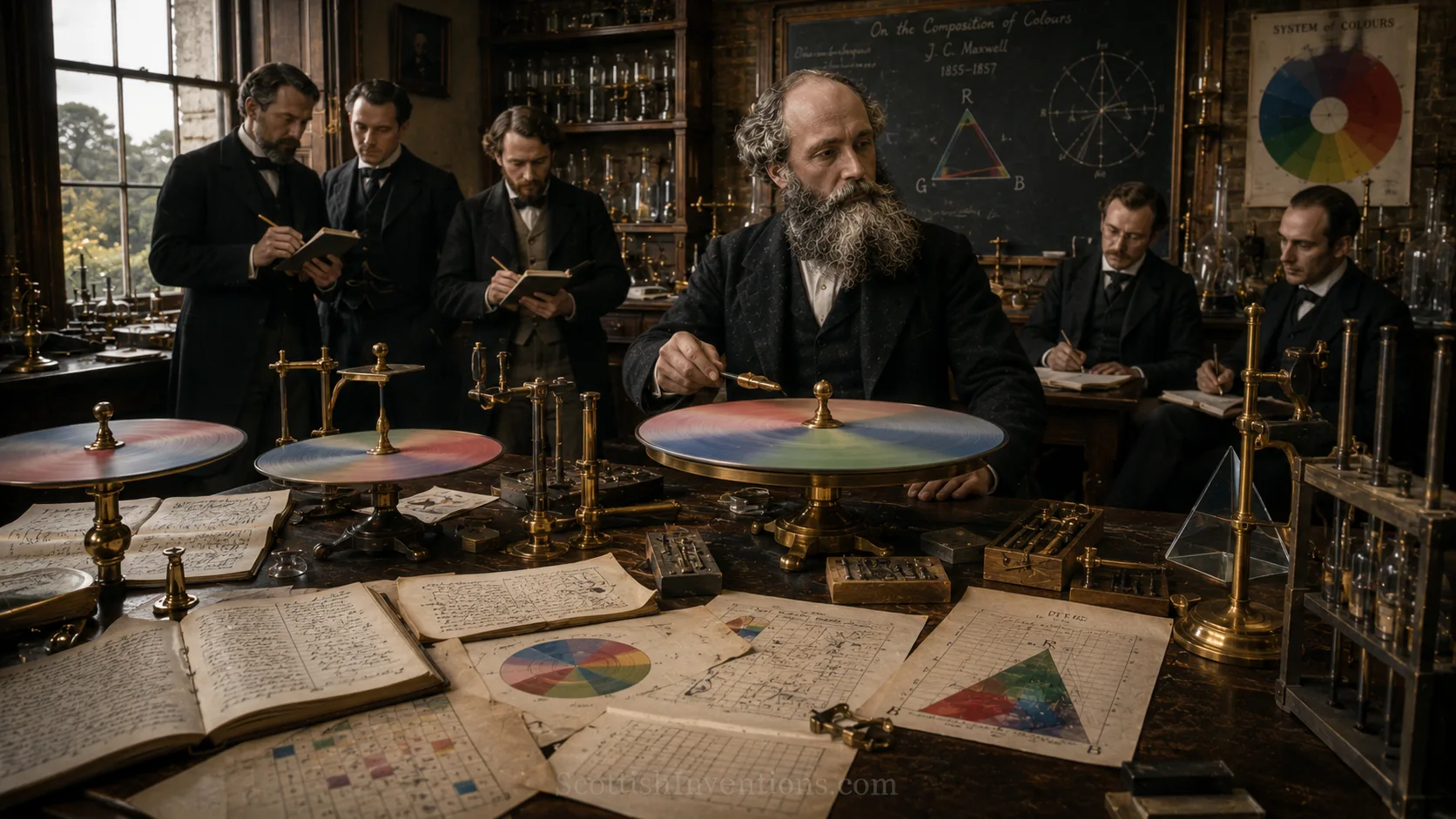James Clerk Maxwell demonstrating colour wheels and RGB experiments with students during his research into colour vision