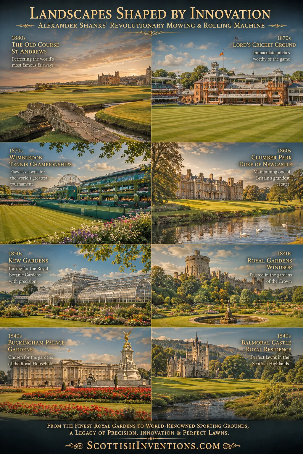 Landscapes Shaped by Innovation — Alexander Shanks' Mowing & Rolling Machine Historic British gardens and sporting venues maintained using Shanks lawnmowers