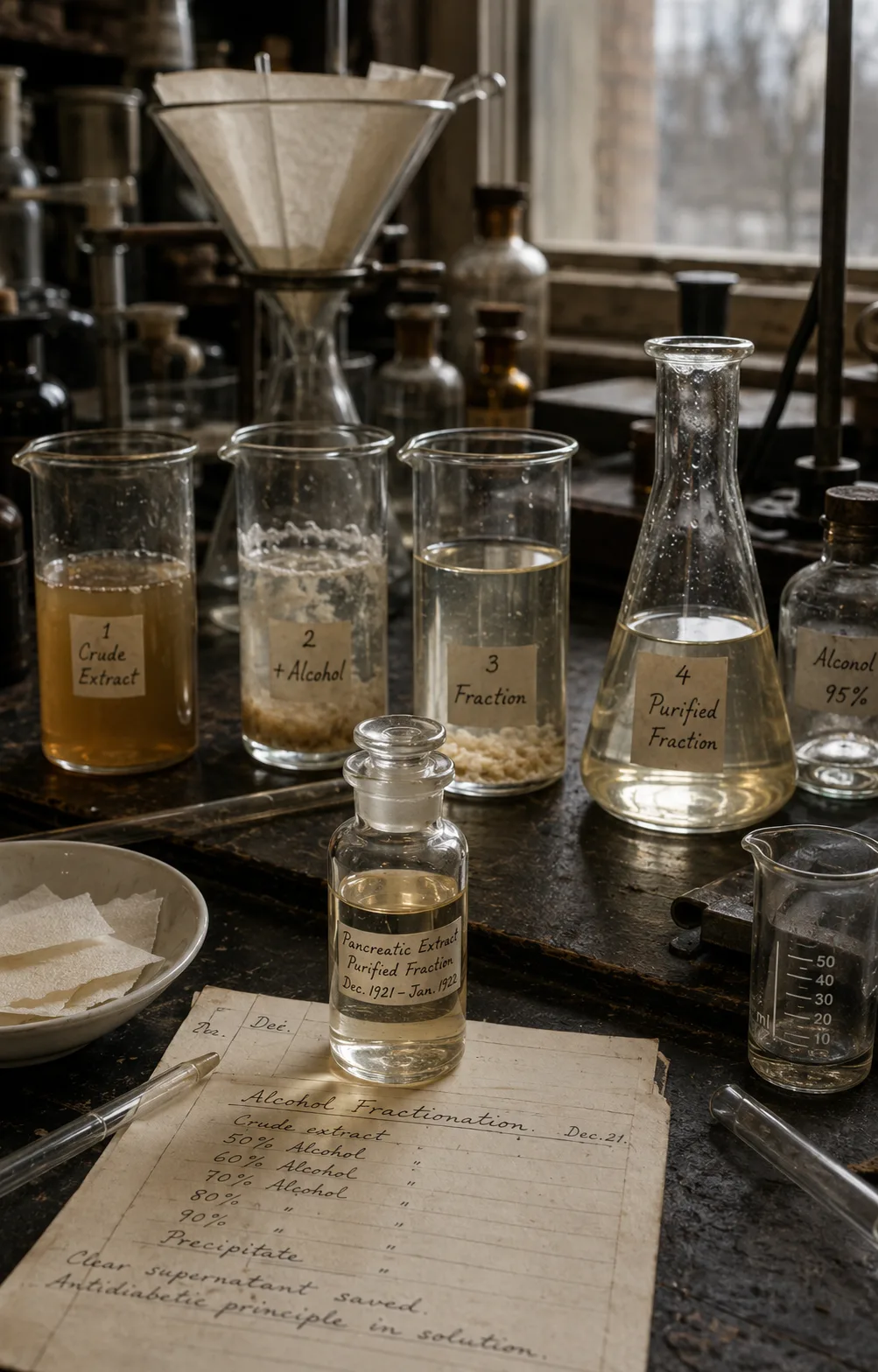 Historical reconstruction illustrating James Collip's alcohol fractionation and purification of pancreatic extract during the development of insulin.