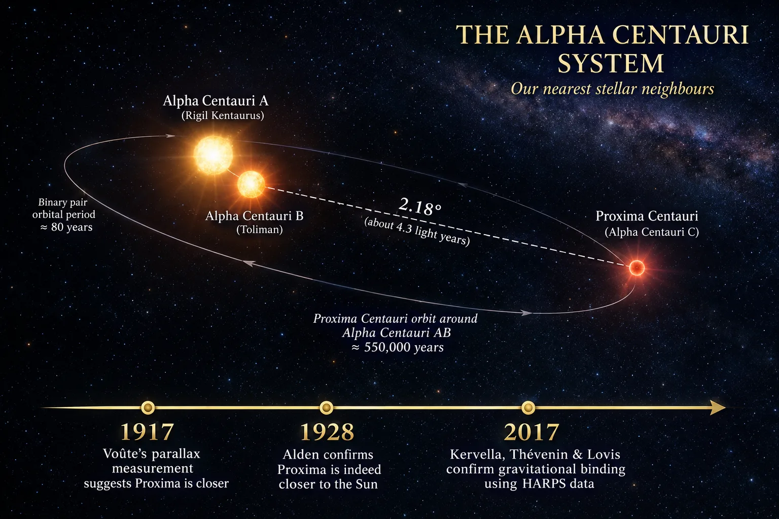 The Alpha Centauri triple star system, showing Proxima Centauri's orbit around Alpha Centauri AB, with the century-long timeline of confirmation from Voute (1917) to the 2017 proof of gravitational binding.